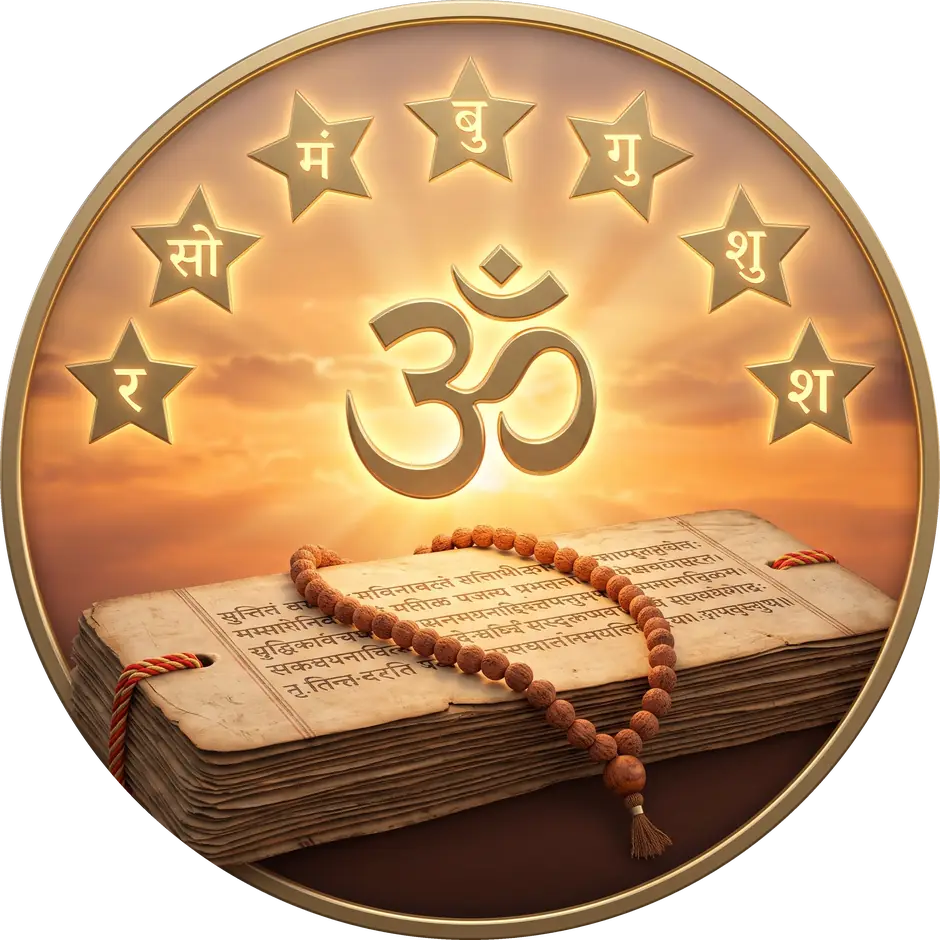 Sunrise picture: ॐ, a palm-leaf book and a rosary under seven stars for the days of the week